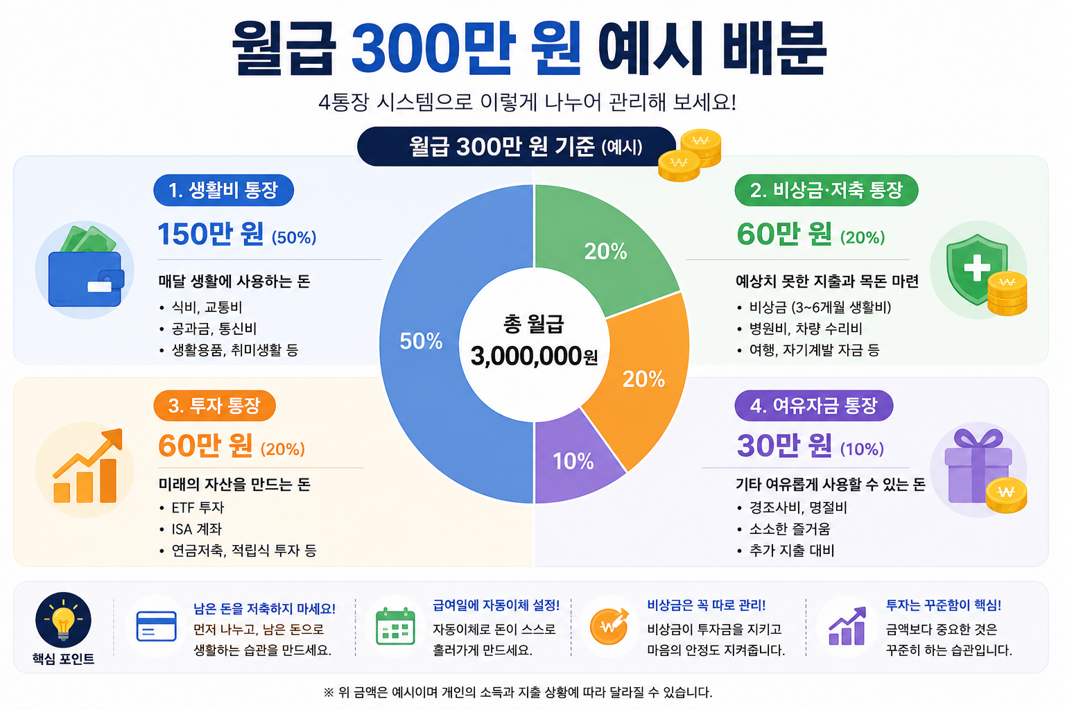 월급 300만 원 기준 생활비 저축 투자 예시 배분