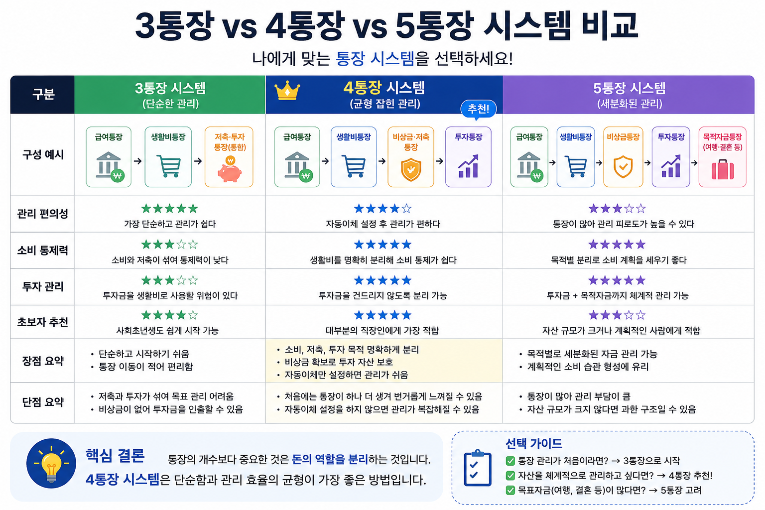 3통장 4통장 5통장 시스템 장단점 비교표