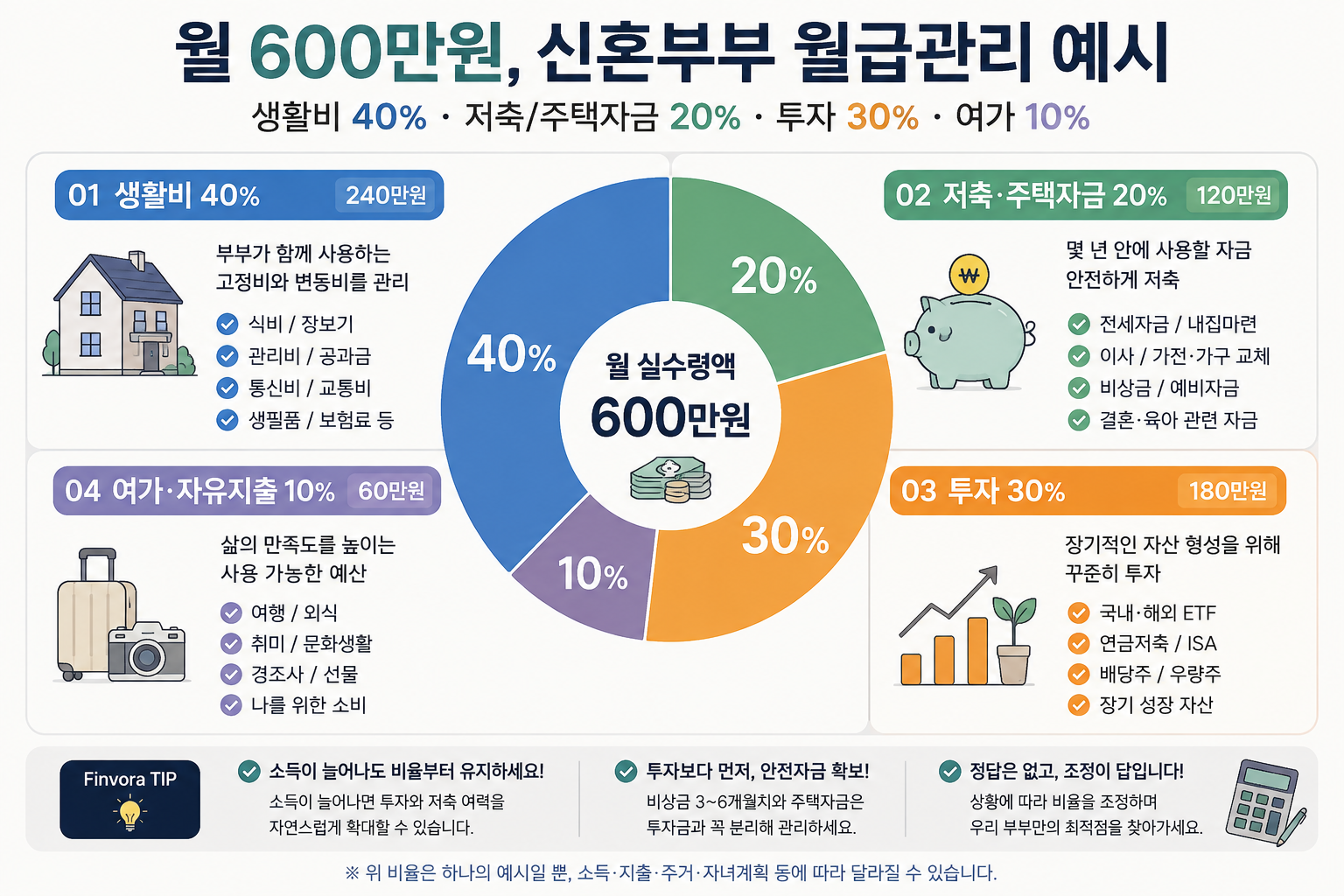 월 600만원 신혼부부 생활비 40% 저축 20% 투자 30% 여가 10% 배분 예시