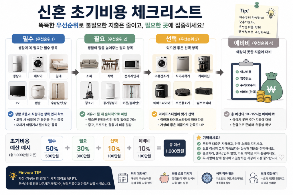 신혼부부 가전 가구 초기비용 필수 필요 선택 예비비 체크리스트