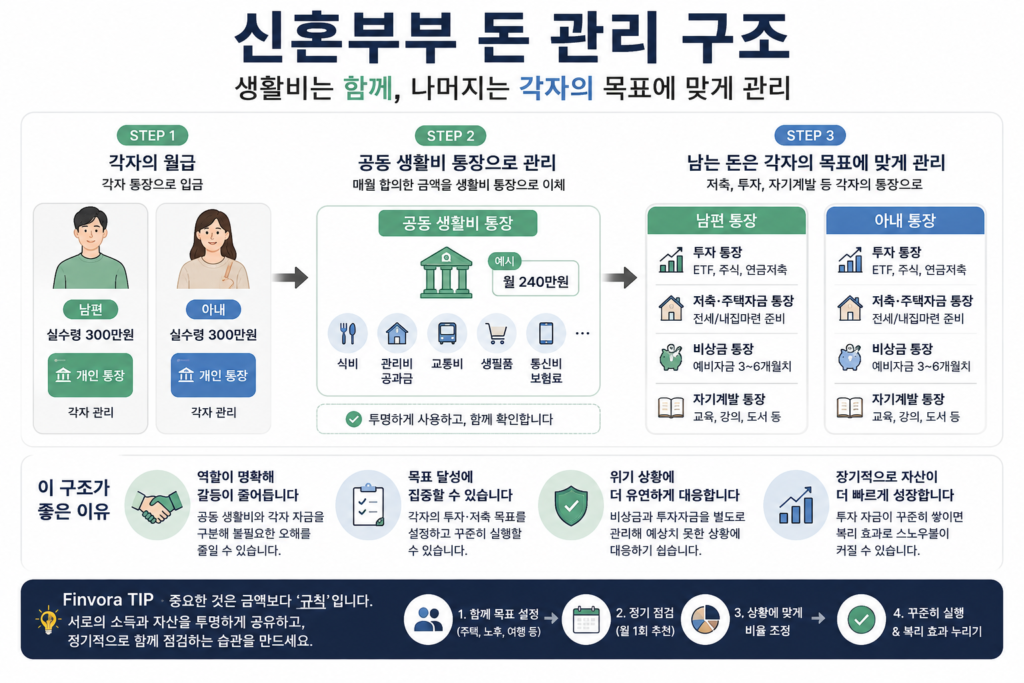 신혼부부 공동 생활비 통장과 각자 저축 투자 통장을 활용한 돈 관리 구조