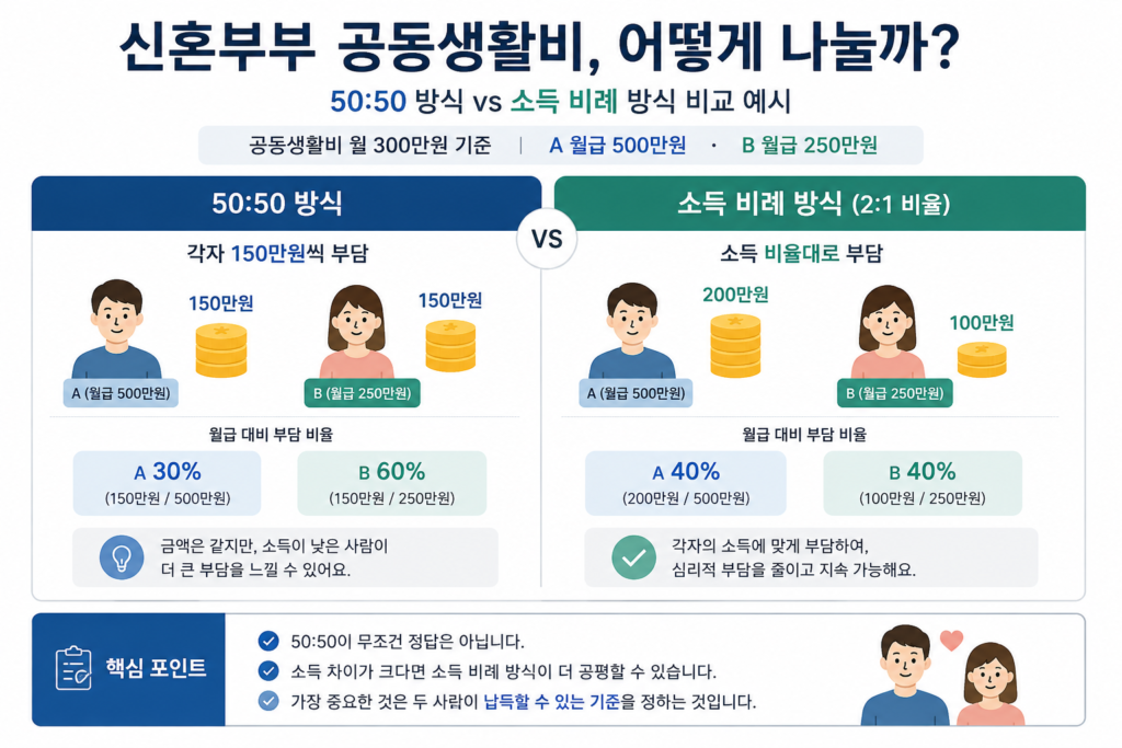 신혼부부 공동통장 생활비 50대50 소득 비례 분담 방법 비교