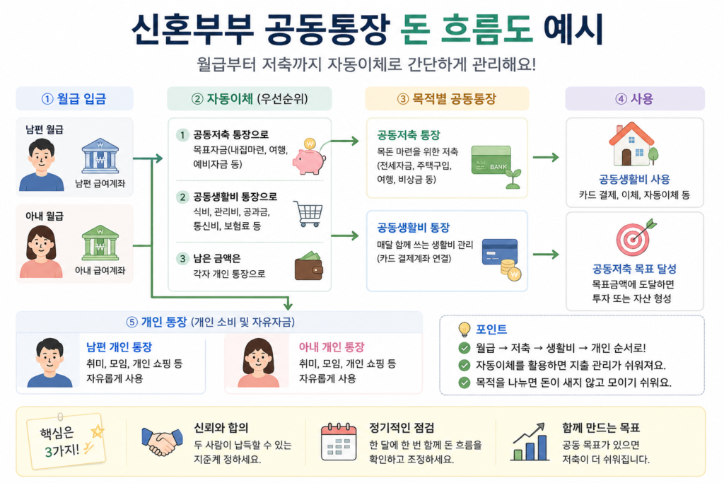 신혼부부 공동통장 월급 저축 생활비 자동이체 돈 관리 흐름도